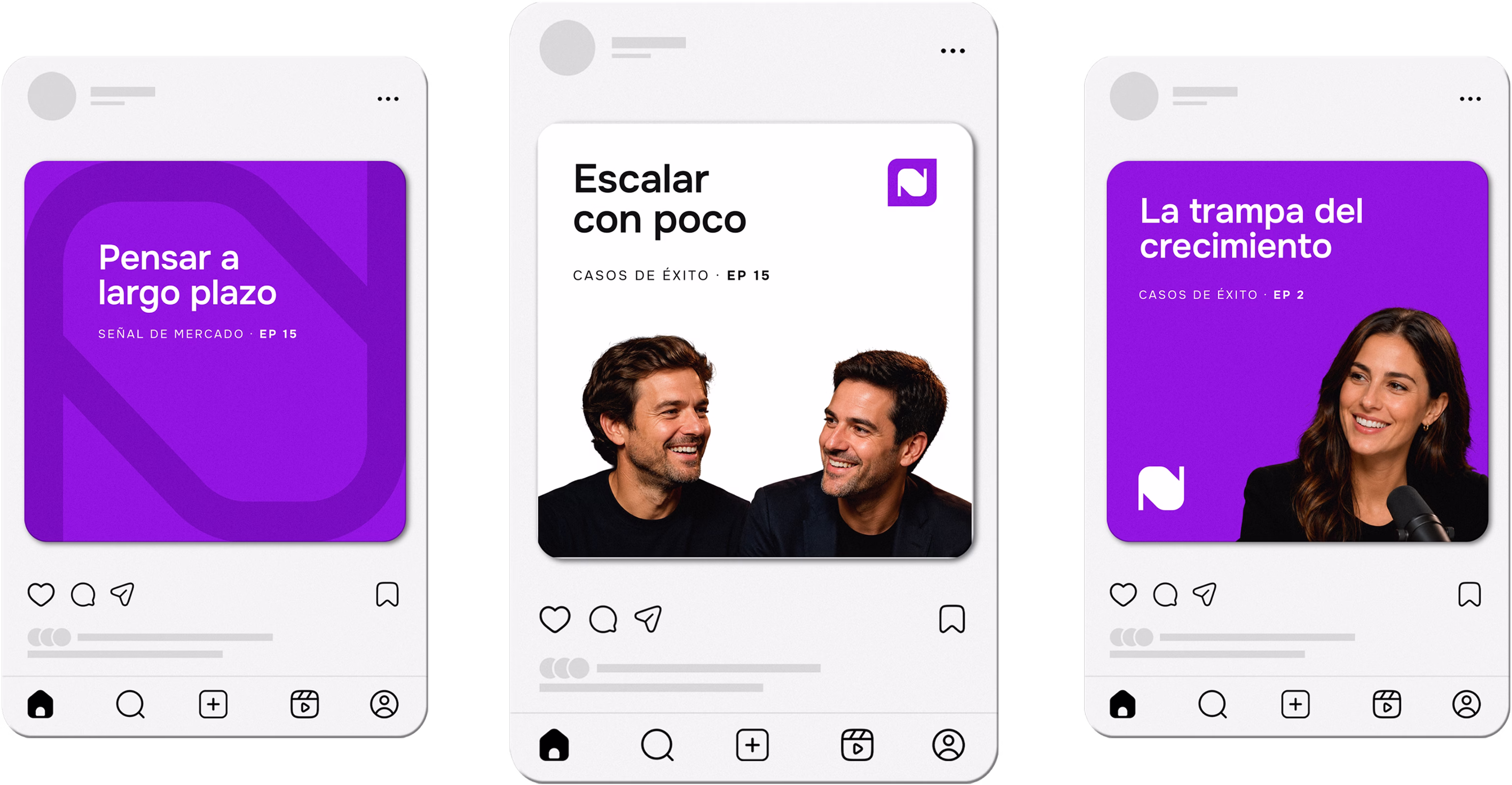 Tres publicaciones de Instagram de Net Value: «Pensar a largo plazo», «Escalar con poco» y «La trampa del crecimiento»