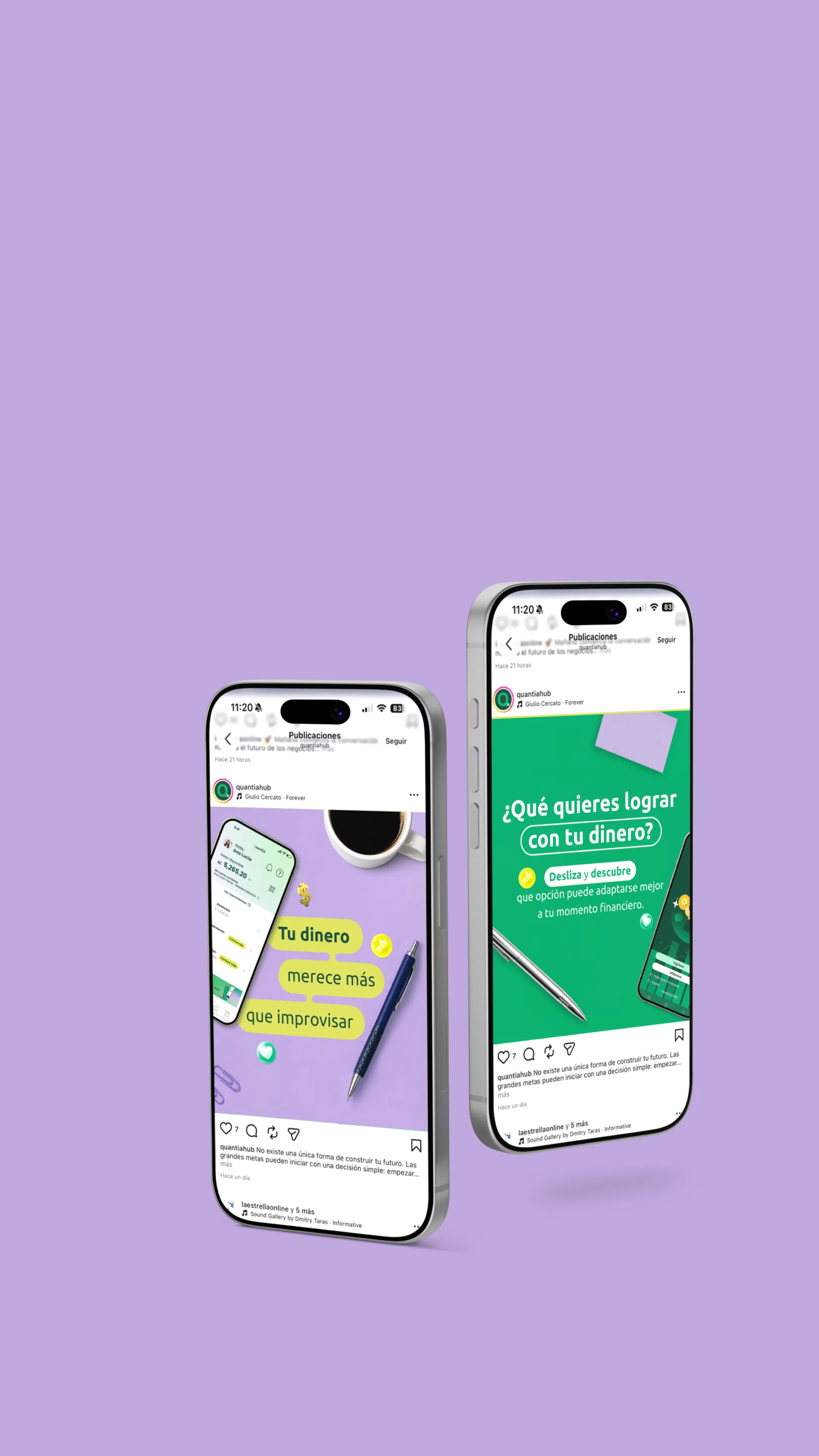 Publicaciones de Quantia mostradas en dos teléfonos sobre un fondo lavanda