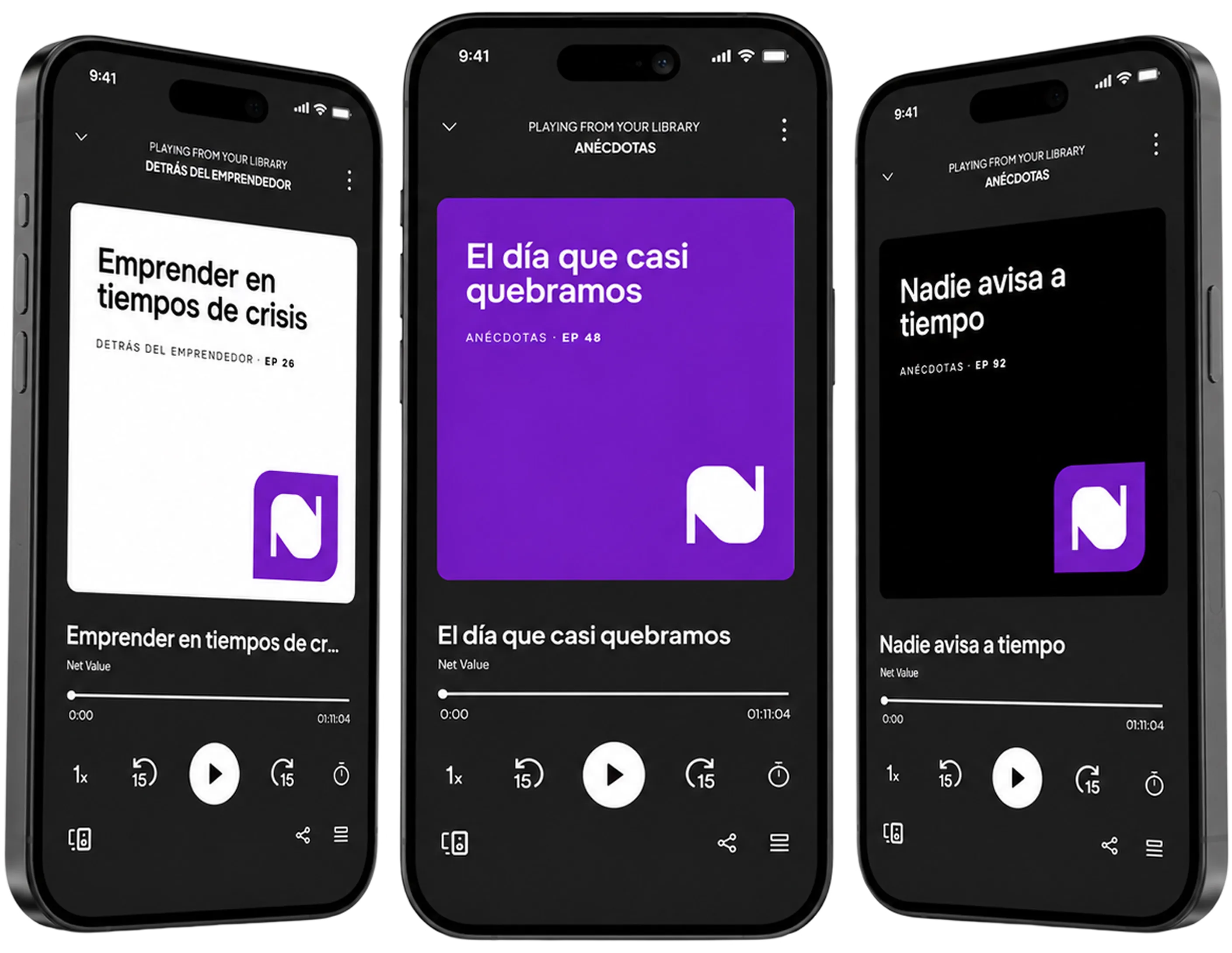 Tres pantallas de la aplicación mostrando episodios de Net Value en reproducción, con sus portadas en negro y violeta